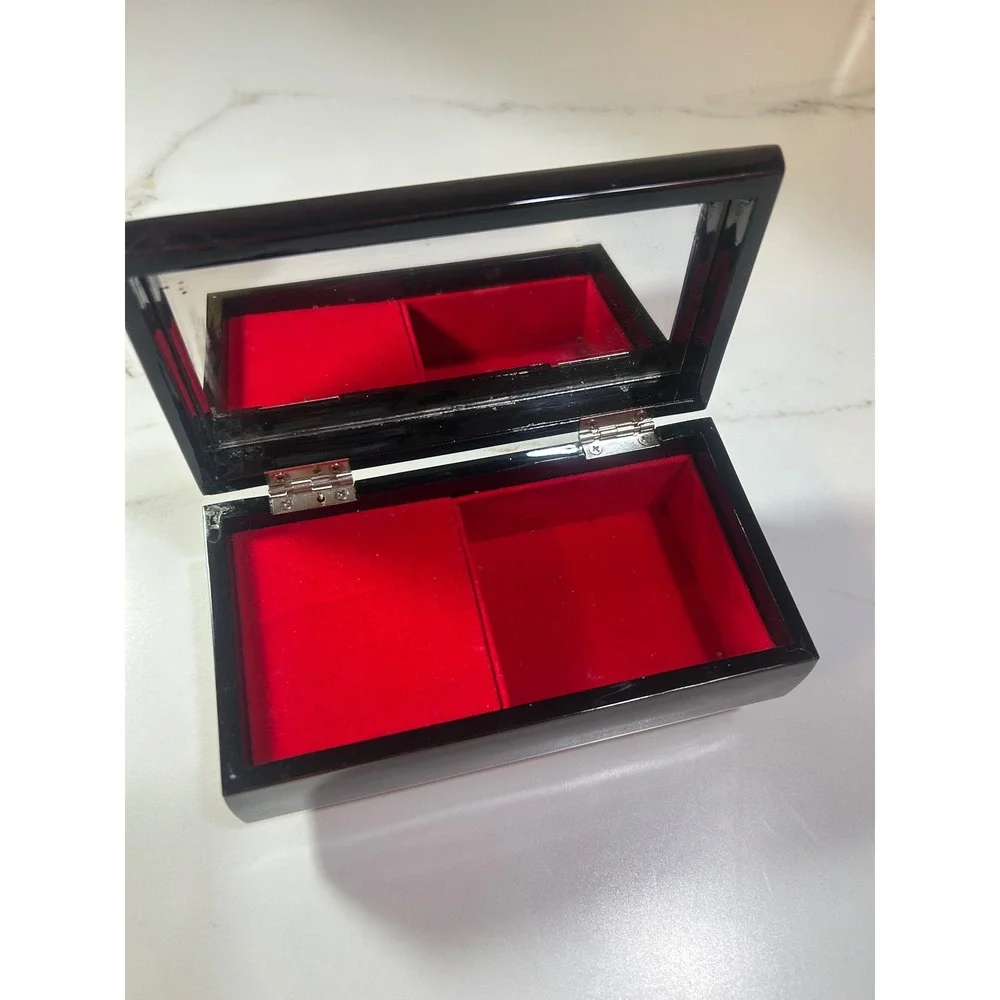 Vintage‎ Japanese Lacquerware Music Jewelry Box Gold Crane Red Velvet Mirror
